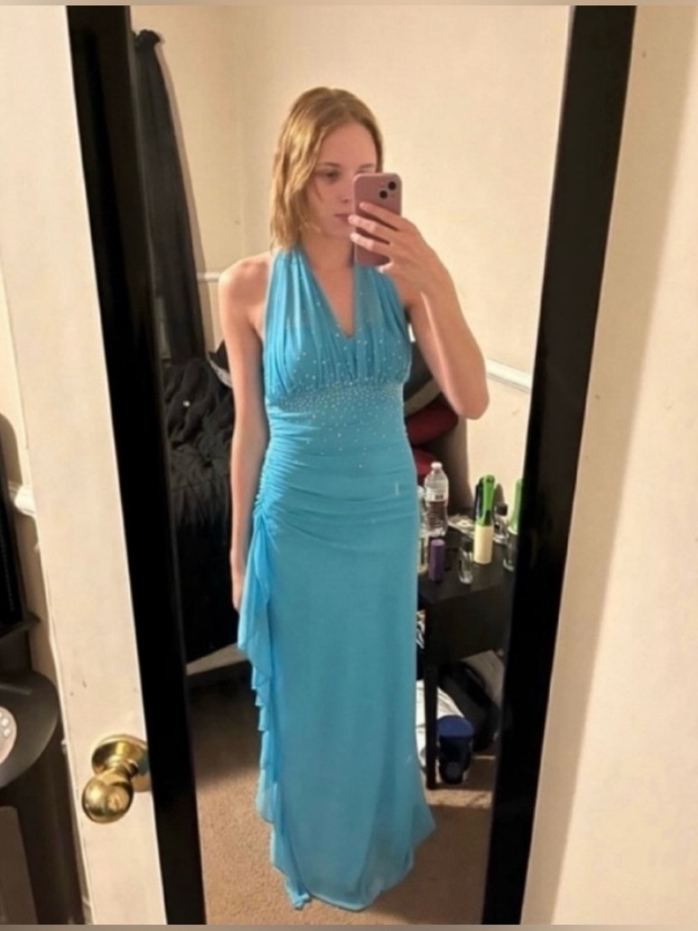 Blondie Nites Halter Neck Turquoise Evening Gown